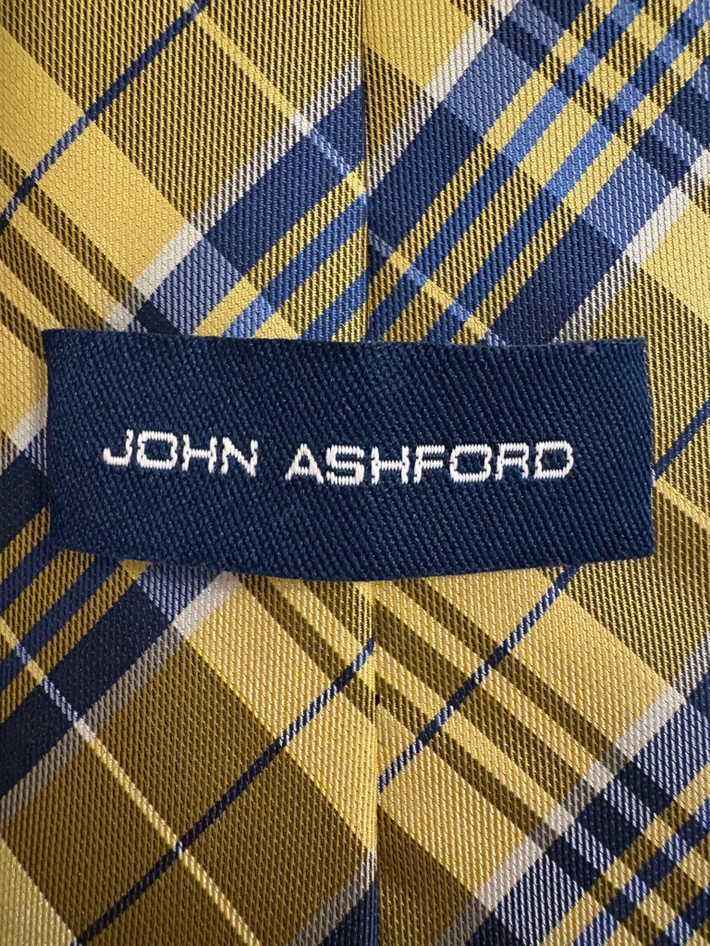 John Ashford Men’s Plaid Necktie Yellow & Navy Blue Polyester